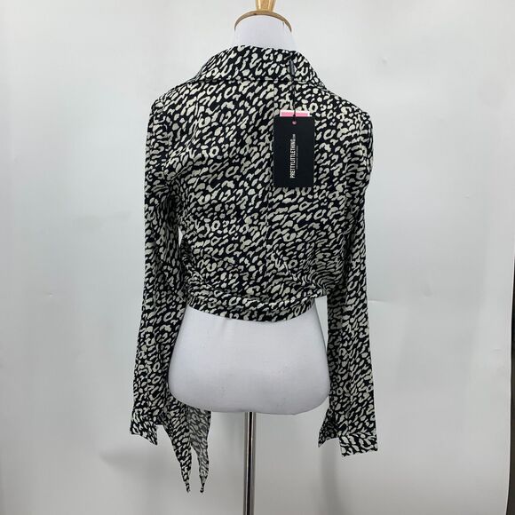 Pretty Little Thing Avalyn Wrap Blouse Womens 2 Cream Black Leopard Tie Front - Picture 7 of 15